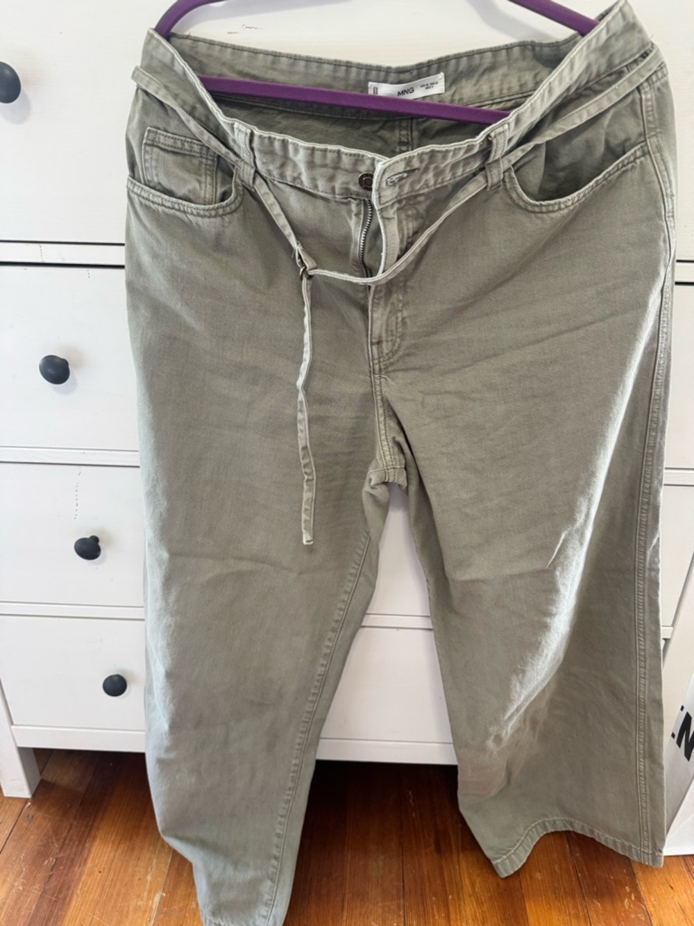 Mango Olive Green Casual Pants with Purple Waistband Detail